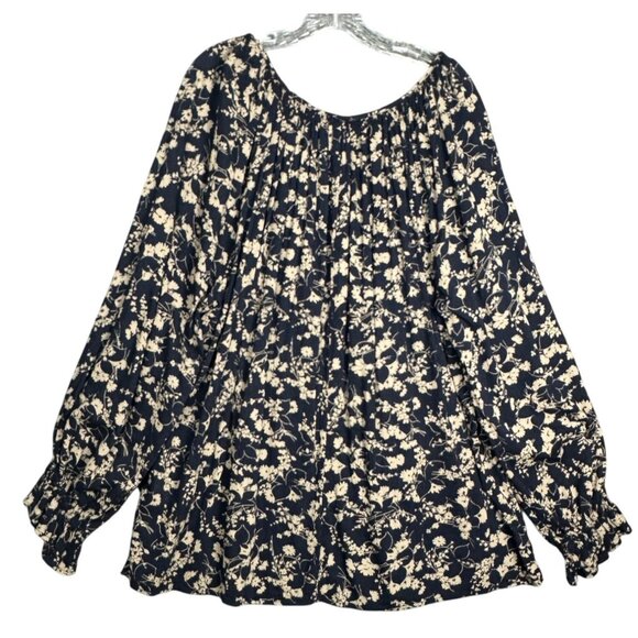 NEW Chaps Plus Size Floral Peasant Blouse 2X Navy Cream Long Sleeve Top Boho - Picture 4 of 10